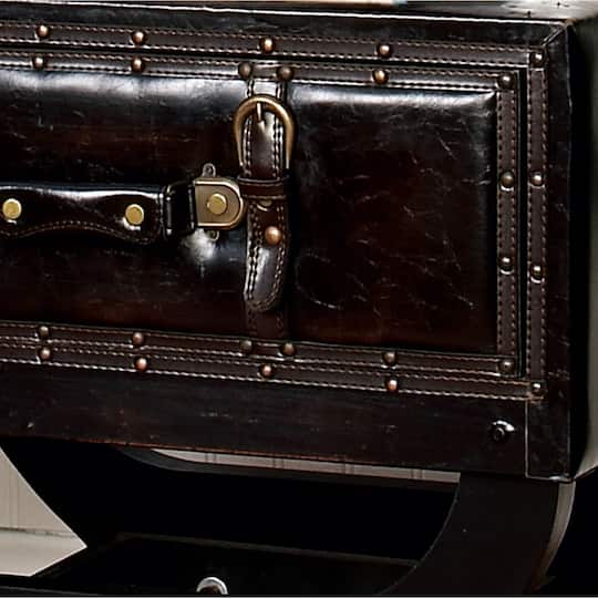 Brown Wood and Faux Leather Traditional Accent Table, 22" x 22" x 16"